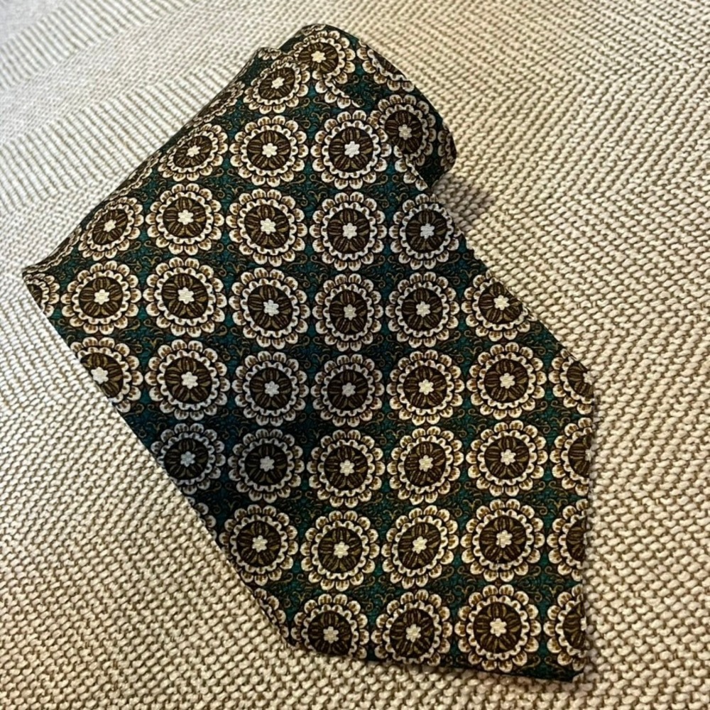 Valentino Cravatte Necktie Mens Green Dark Academia Gold Silk Medallion Italy